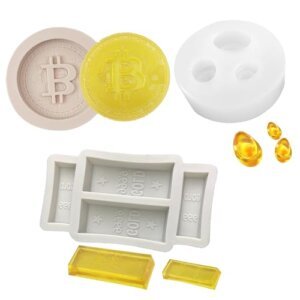3 piezas 3D Molde de pastel de Bricolaje Monedas Molde de Silicona Dulces de Chocolate Diferentes formas de pepitas de monedas de oro divertido pastel de cumpleaños fondant decoración (gris claro)