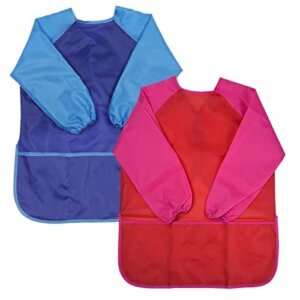 2 Piezas Delantal Infantil Pintura, Bata Impermeable Niño, Blusón Babero con Bolsillos De Manga 3 Larga para 5-10 Niños Dibujar de Arte Escolar, Azul & Rojo (Medio)