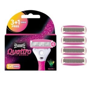 Wilkinson Sword Quattro – Recâmbios para Maquina de Afeitar para Mujer, 3 + 1 Hojas Rosa, 4 Unidades