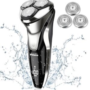 Phisco Maquina de Afeitar Hombre, Afeitadora Electrica Hombre con Recortadora IPX7 Impermeable Afeitado Seco o Húmedo Pantalla LCD USB Recargable 3D Rotativa Afeitadora con 3pcs Cabezales de Recambio
