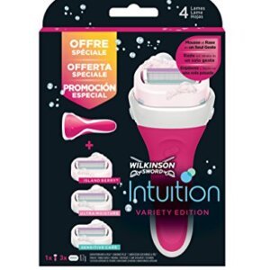 Wilkinson Sword Intuition PACK Variety Edition – Máquina de Afeitar Recargable Femenina de 4 Hojas con Jabón Hidratante + 3 Recambios de Cuchillas Autoadaptables , Kit Depilación de Mujer